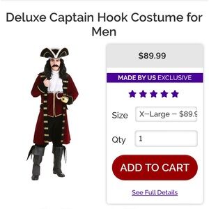 Men’s XL Captain Hook / pirate costume